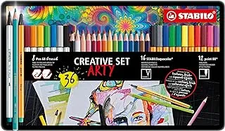 Stabilo Metal Wallet - STABILOaquacolor, Pen 68 brush & point 88 ARTY - Set of 36pcs - Assorted Colours