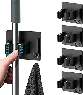 SHOWAY Broom Mop Holder Wall Mount، Wall - Mount - Mop Clips 4 Pack Self-Adhesive Mop Grippers Heavy Duty Broom Hanger for Laundry Room Garden Tool Holder Bathroom Accessories (Black)