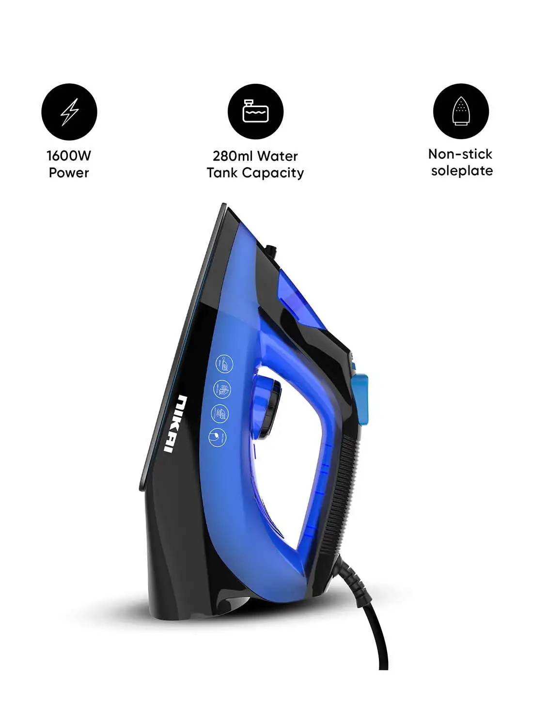 NIKAI Steam Iron With Self-Cleaning Function, Non-Stick Soleplate, Vertical Steam Dry And Spray Options, Adjustable Temp, Indicator Light, Variable Steam Control NSI858AX Blue/Black