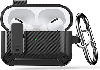 ANYOGRO Airpods Pro Case with Keychain, Secure Lock Military Armor Rugged Protective Shockproof Scratch Resistant Hard Shell Stripe Shaped Cover for 2019, Front LED Visible - Black