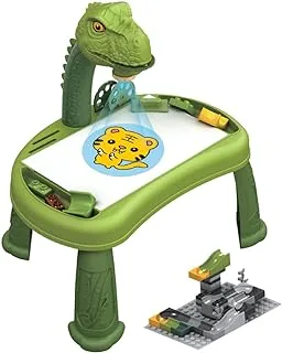 Little Story DIY T-Rex 3-IN-1 طاولة مكعبات دوارة ، لوحة رسم الإسقاط ومجموعة طاولة تعليمية (81 قطعة) ، سلسلة STEM - متعدد الألوان