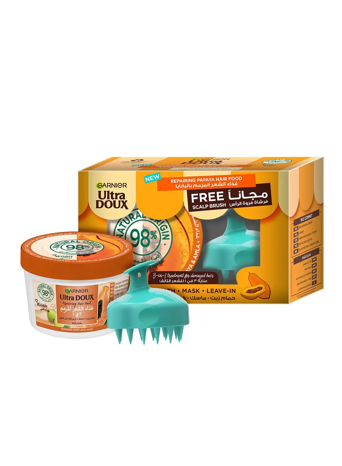 Garnier Ultra Doux Repairing Papaya 3-in-1 Hair food For Damaged Hair 390ml + FREE Scalp Brush