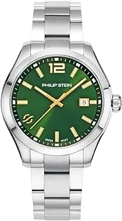 Philip Stein Analog Display Wrist Swiss Quartz Traveler Men Smart Watch Stainless Steel Silver Clasp Chain with Green Dial Natural Frequency Technology Provides More Energy - Model 92-CGRNG-SS