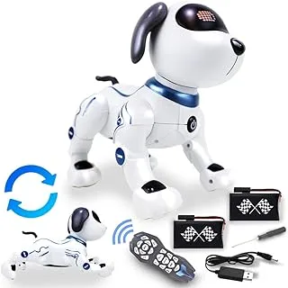 Kidwala Smart Electronic Walking Robot Dog for Kids white with black ears & tail, blue collar puppy with glowing eyes, robot dog toy 6-10 years old