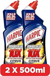 Harpic Power Plus Toilet Cleaner, 10X Better Than Bleach, Kills 99.9% Germs, Citrus Fragrance, 500 ml, Pack of 2