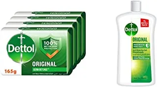 Dettol Original Anti-Bacterial Bathing Soap Bar for effective Germ, Pack of 4 & Handwash Liquid Soap Original Refill for Effective Germ Protection & Personal Hygiene, Pine Fragrance, 1L