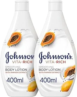 Johnson’s Vita Rich Smoothing Body Lotion, Papaya Extract, Pack of 2x400ml, with Nourishing Shea butter, Fast Absorbing Moisture, Intense Hydration, Moisturizing Body Cream Enriched with Glycerin