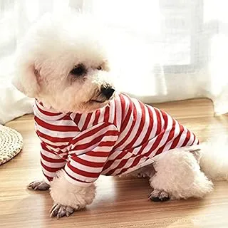 OHANA Spring Wear Collection -Striped Bright Coloured Cotton Vest with Round Collar and Sleeves for Cats and Dogs - RED Small size