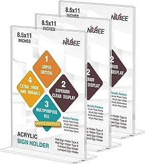 NIUBEE 3 Pack Acrylic Sign Holder 8.5 x 11 - T Shape Double Sided Table Top Display Stand, Portrait Upright Photo Picture Frame Wedding Menu Ad Holder