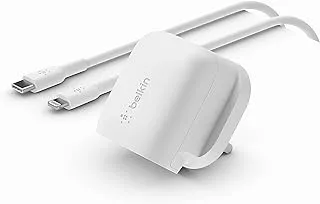 شاحن Belkin 20W USB Type C Power Delivery سريع مع كابل USB-C إلى Lightning و USB-C PD 3.1 PPS المعتمد وتصميم بحجم السفر لأجهزة iPhone 14 و Pro و Max و Mini و iPad و Galaxy و Pixel والمزيد