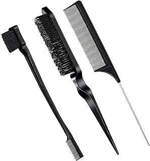 ‎SHOWAY 3-piece tea brush set, edge and comb, bristle comb sturdy, suitable for travel hairdressers, ladies, babies, children (black), 18cm