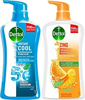 Dettol Cool Showergel & Bodywash Menthol and Eucalyptus Fragrance 700ml + Dettol Zing Antibacterial Bodywash, Orange Zest, 700ml