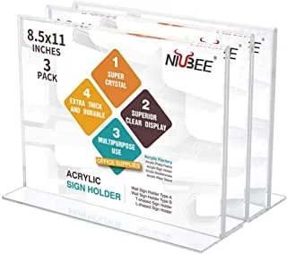 NIUBEE Acrylic Sign Holder 8.5x12.5 cm 6 Pack Horizontal, T Shape Double Sided Clear Frames, Plastic Paper Flyer Display Holder, Document Menu Table Stand for Office, Store -Landscape