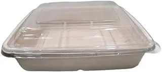 SNH ECO Friendly Bagasse Rectangular Beige Bowls 1000ML With Lid - Restaurant Carryout Lunch Meal Takeout Storage Food Service - 25 Pieces.