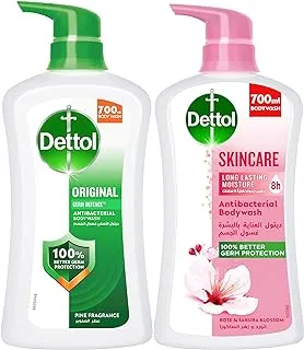 Dettol Original Shower Gel and Body Wash, Pine Fragrance 700ml + Dettol Skincare Shower Gel and Body Wash Liquid, Rose & Sakura Blossom Fragrance 700ml