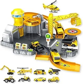 Fitto Construction Site Playset with Slides, Lift, Service Station, and Excavator, Dump Truck, Bulldozer, and More Construction Vehicles