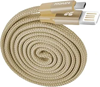 Promate Coiline-C Auto-Coiling USB-C Cable, Premium Fabric Braided Aluminium Alloy Reversible USB-A to Type-C Cable With 2A Fast Charge and Sync 1.2 Meter Cord, Coiline-C (Gold)