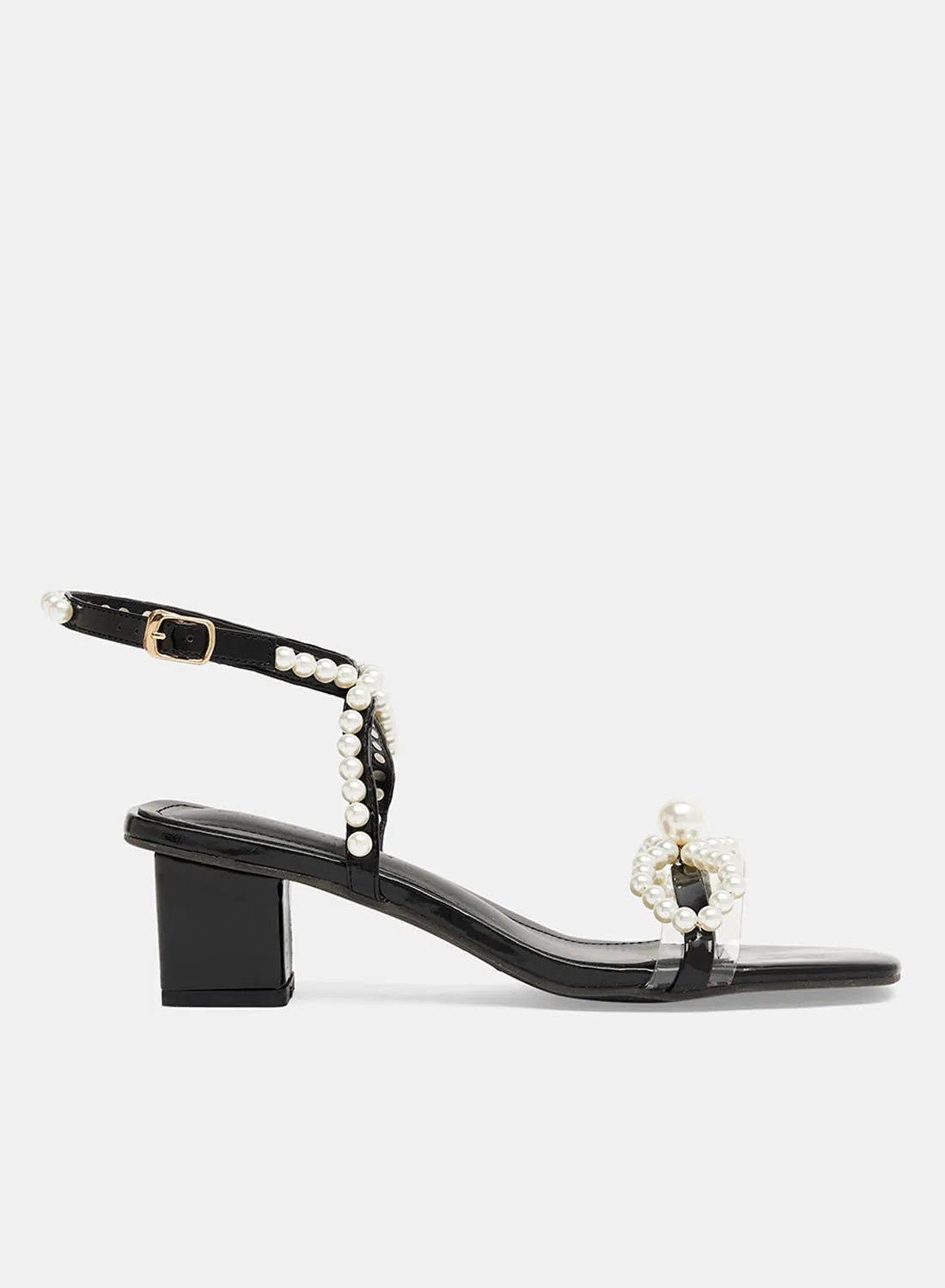 LABEL RAIL Faux Pearl Buckle Sandals Black