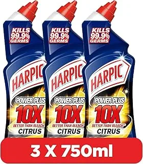 Harpic Power Plus Toilet Cleaner, 10X Better Than Bleach, Kills 99.9% Germs, Citrus Fragrance, 750 ml, Pack of 3