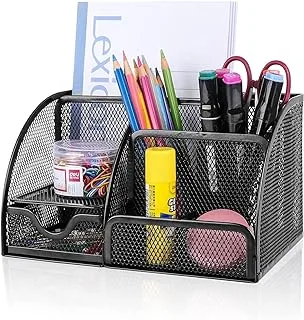 MARKQ Desk Organizer, Mesh Multifunctional Desktop Caddy Pen Holder with 6 Compartments and 1 Drawer, Black Stationary Holder for Home, Office Supplies, School, Classroom, Workshop