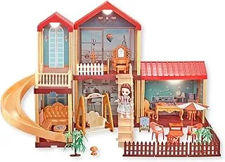 Fitto 4 Rooms Large 2 Floors Dollhouse Playset, Girls Doll House with Doll, Slide, Stairs, Furniture, and Accessories, Red