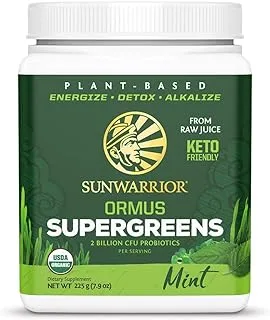 Sunwarrior Ormus Supergreens | نباتي | صديق للكيتو | مسحوق البروتين العضوي بالنعناع 225 جم. من العصير الخام