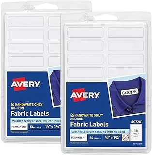 ملصقات قماشية بدون حديد من Avery ، 0.5 بوصة × 1.75 بوصة ، أبيض غير لامع ، كتابة بخط اليد فقط ، عبوتان ، إجمالي 108 ملصق (32130)