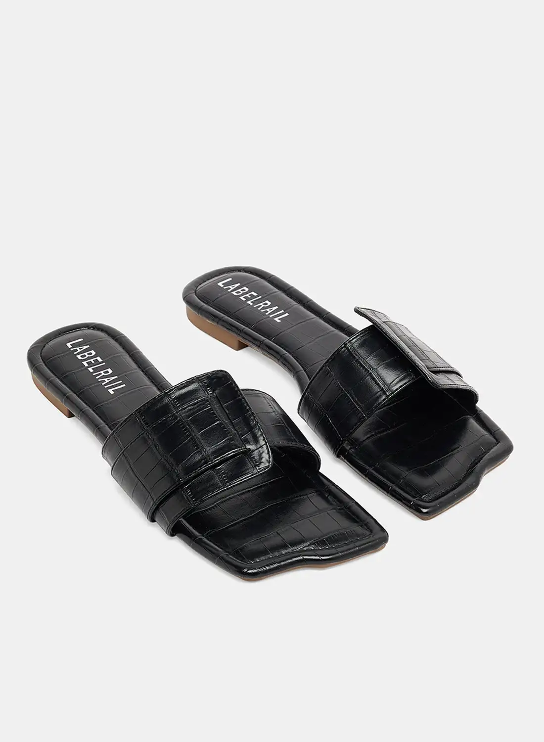 LABEL RAIL Croc Square Flat Sandals Black