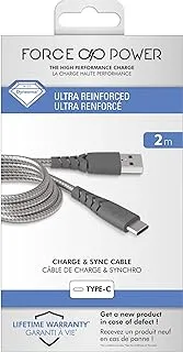 Force Power USB C to USB C Cable, 2M, Fast Charging Cable, Ultra-Reinforced, Unbreakable & Durable Braided Nylon, iPhone 15+ & Samsung Compatible, Gray