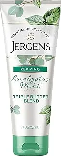 زبدة الجسم Jergens Eucalyptus Mint ، مملوءة بالزيوت الأساسية ، تساعد على تخفيف التوتر ، لجميع أنواع البشرة ، حجم كبير للسفر ، 7 أونصات سائلة