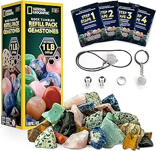 NATIONAL GEOGRAPHIC Rock Tumbler Refill Kit - Gemstone Mix of 9 varieties including Tiger's Eye, Amethyst and Quartz - Comes with 4 grades of Grit, Jewelry Fastenings and detailed Learning Guide