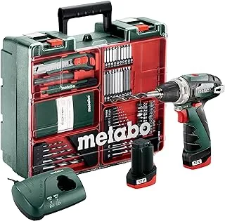 Metabo 6.00080.88 Power Max BS Basic Drill Driver مع بطاريتين 2 A / ظرف مثقاب سريع التغيير / شاحن / ورشة عمل متنقلة مكونة من 62 قطعة ، أخضر