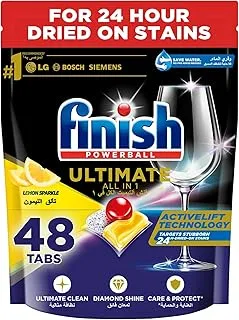 Finish Powerball Ultimate All in 1, Dishwasher Detergent Tablets for Clean & Diamond Shine, Lemon Sparkle, 48 Tabs