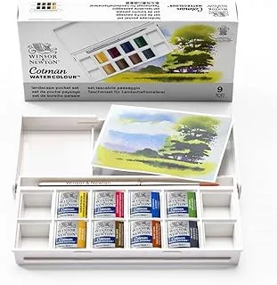 Winsor & Newton Cotman Watercolor Paint Set, 8 Half Pan, Landscape Colors w/Brush, Gray,Green,Yellow