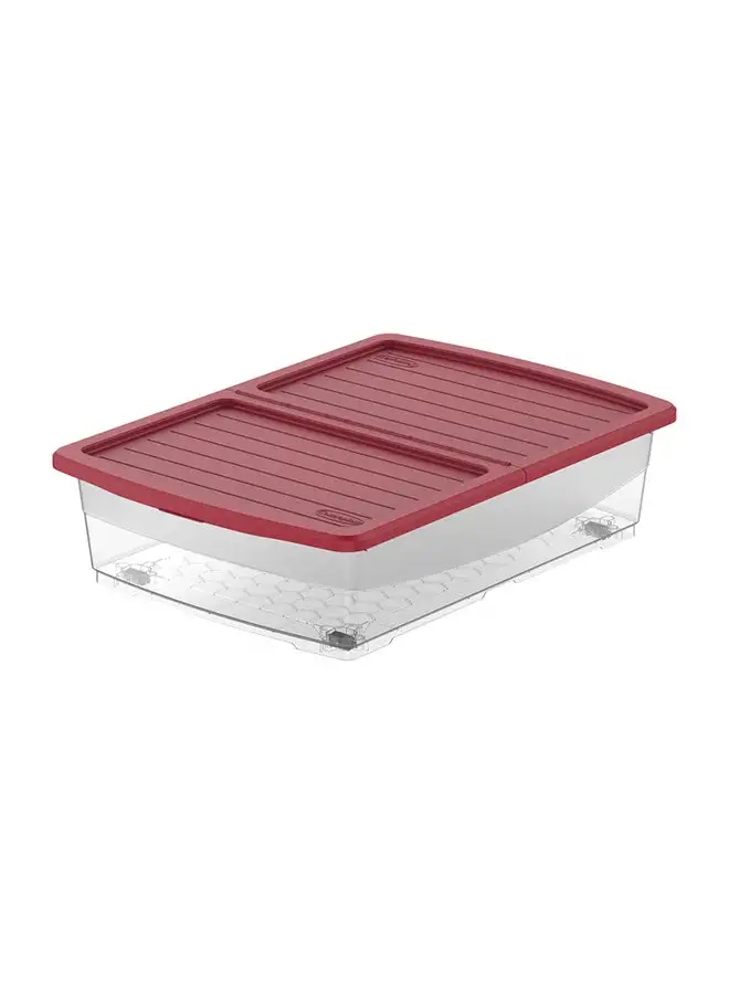 Cosmoplast Clear Plastic Underbed Storage Box With Wheels & Lockable Lid Dark Red 45.0Liters