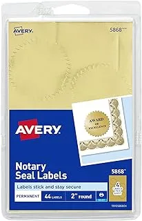 أختام موثقة للطباعة أو الكتابة من Avery Inkjet ، بقطر 2 ، ذهبي ، 44 / حزمة ، PK - AVE05868