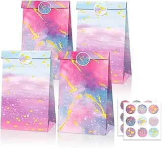 12 pcs Pink and Purple Ombre with Gold tie-dye gift paper bags with sticker for birthday party favor bags kids treat candy goodies bag