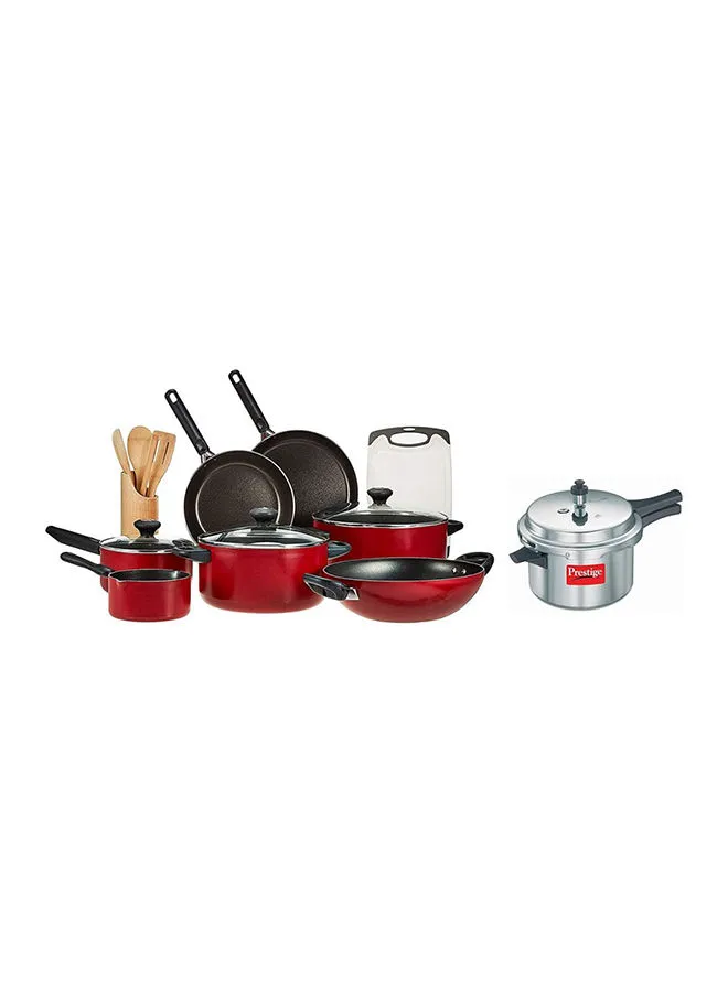 Prestige Prestige 16-Piece Cooking Set With Lids And 3L Pressure Cooker Casserole 24 cm, 28 cm, Milk Pan 14 cm, Sauce Pan 18 cm, Fry Pans 24 cm, 28 cm, Wok 28cm With Bamboo Tool set. Multicolour