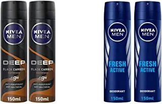 Nivea Men Deep Black Carbon Espresso, Antiperspirant For Men, Antibacterial, Spray 150ML, Pack Of 2 & MEN Antiperspirant Spray for Men, Fresh Active Fresh Scent, 2x150ml