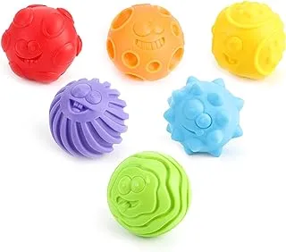 MOON Sensory Textured Toy Balls – 6-Pcs Solid Color Vibrant Balls for Kids, Infants, and Toddlers – Stress Balls with Unique Textures and Comical Faces – Stimulating Baby Development Toys