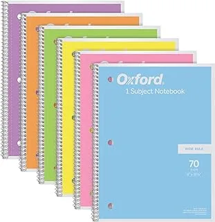 Oxford Spiral Notebook 6 Pack, 1 Subject, Wide Ruled Paper, 8 x 10.5 Inch, Pastel Pink, Orange, Yellow, Green, Blue and Purple, 70 Sheets (63757)