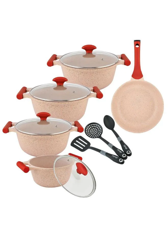 Prestige 12-Piece Granite Non-Stick Aluminium Essentials Gas Stovetop Compatible Cookware Set Includes 1xCasserole With Lid 20cm, 1xCasserole With Lid 24 cm, 1xCasserole With Lid 26 cm, 1xCasserole With Lid 28 cm, 1xFrying Pan 24 cm, 3x Cooking Tool Pink/Black/Brown