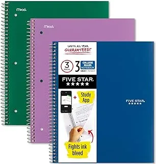 Five Star Spiral Notebooks + Study App, 3 Pack, Subject, College Ruled Paper, 27.9 cm x 21.6 cm, 150 Sheets, Green, Purple, Blue (38820)