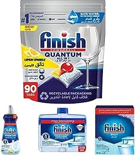 Finish Powerball Quantum ALL in 1 Dishwasher,Lemon Sparkle,90 Tablets+Finish Dishwasher Detergent Rinse Aid Liquid Lemon 400ml+Finish Dishwasher Cleaner,250 ml+Finish Dishwasher Salt, For 100%,2Kg