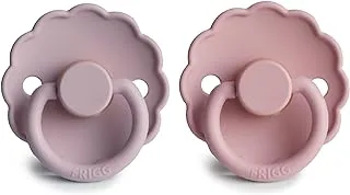 FRIGG Daisy Latex Pacifier | 2-Pack | Daisy Block Natural Rubber Soother | Symmetrical Cherry Shaped Nipple | BPA Free | Made in Denmark | Latex Dummy | Baby Pink/Soft Lilac - Size 1 (0-6 Months)