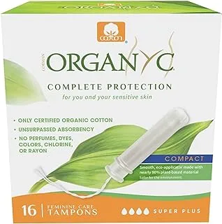 Organyc 100% Certified Organic Cotton Tampons, Plant-Based Eco-Applicator, Super Plus Flow, 16 Count