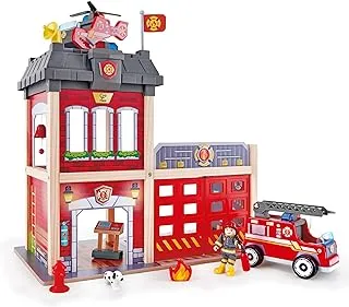 Hape Sustainable Wood Toy Hape Large Fire Station Playset With Battery-Powered Alarms, Fire Fighter, Rescue Dog And Helicopter. 3 years +, one size