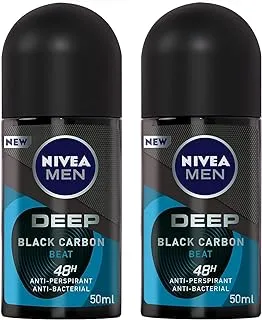 NIVEA MEN Antiperspirant Roll-on for Men, DEEP Beat Black Carbon Antibacterial, Wood Fresh Scent, 2x50ml