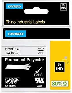 DYMO Rhino Permanent Adhesive Polyester Label Tape, 1/4 Inch, Black on White