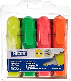 Milan Fluorescent Markers Transparent Hanging 4-Pieces Set, Assorted Colours